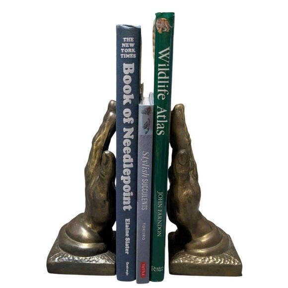 Praying Hands Brass Bookends By Gossa 8" Tall Pair Vintage Home Office Decor